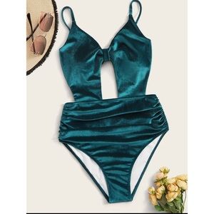NWOT Teal crushed velvet one piece cutout bikini
